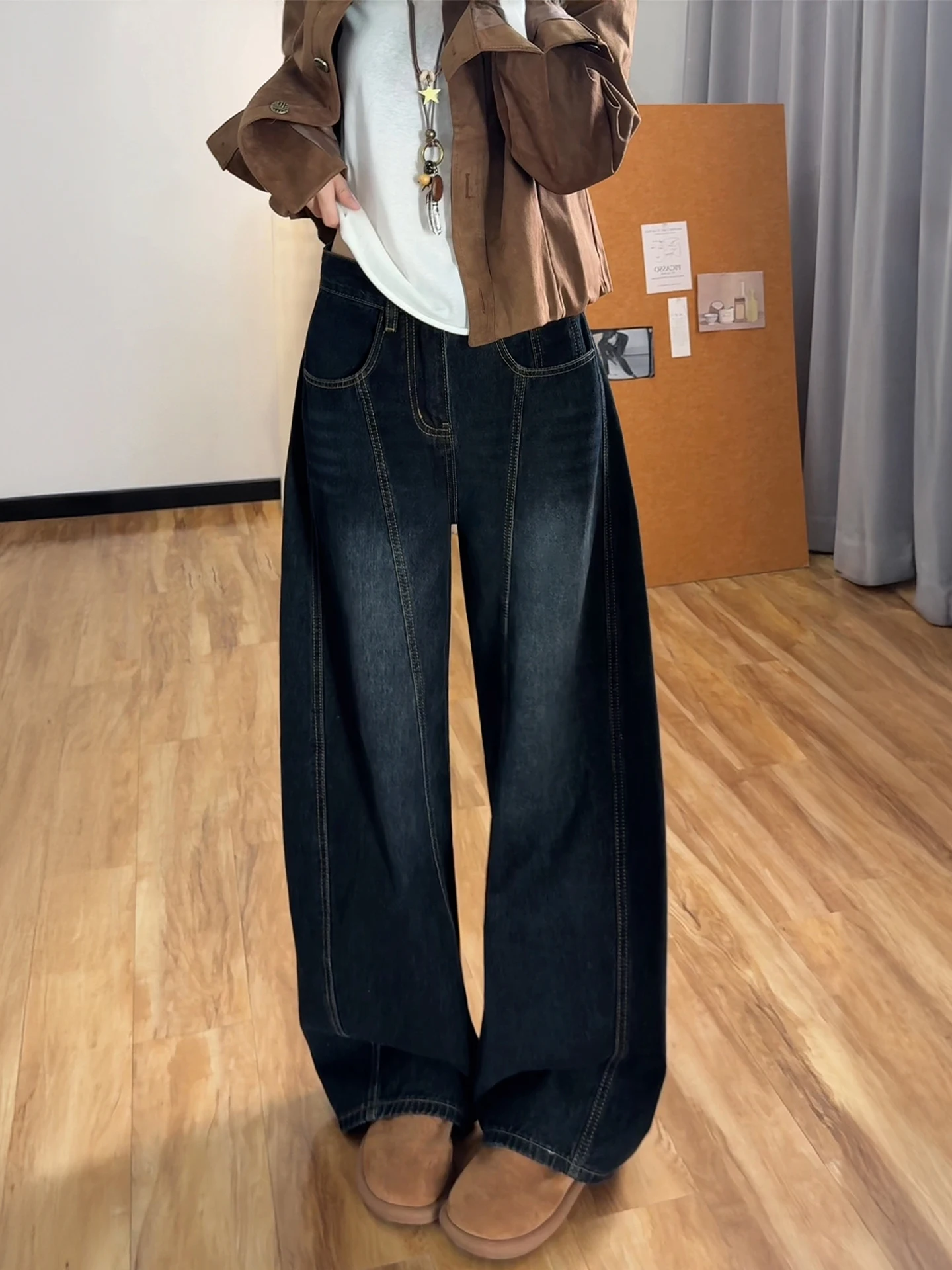 

American Retro Embroidered Knife Jeans Women's Loose High Waist Wide Leg Long Pants Casual Style Zipper Pocket Denim