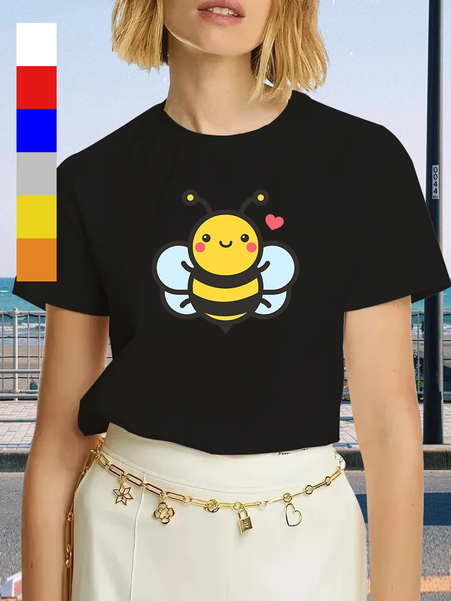 T-shirt casual da donna a maniche corte T-shirt girocollo traspirante con stampa floreale e ape simpatico cartone animato per la primavera/estate