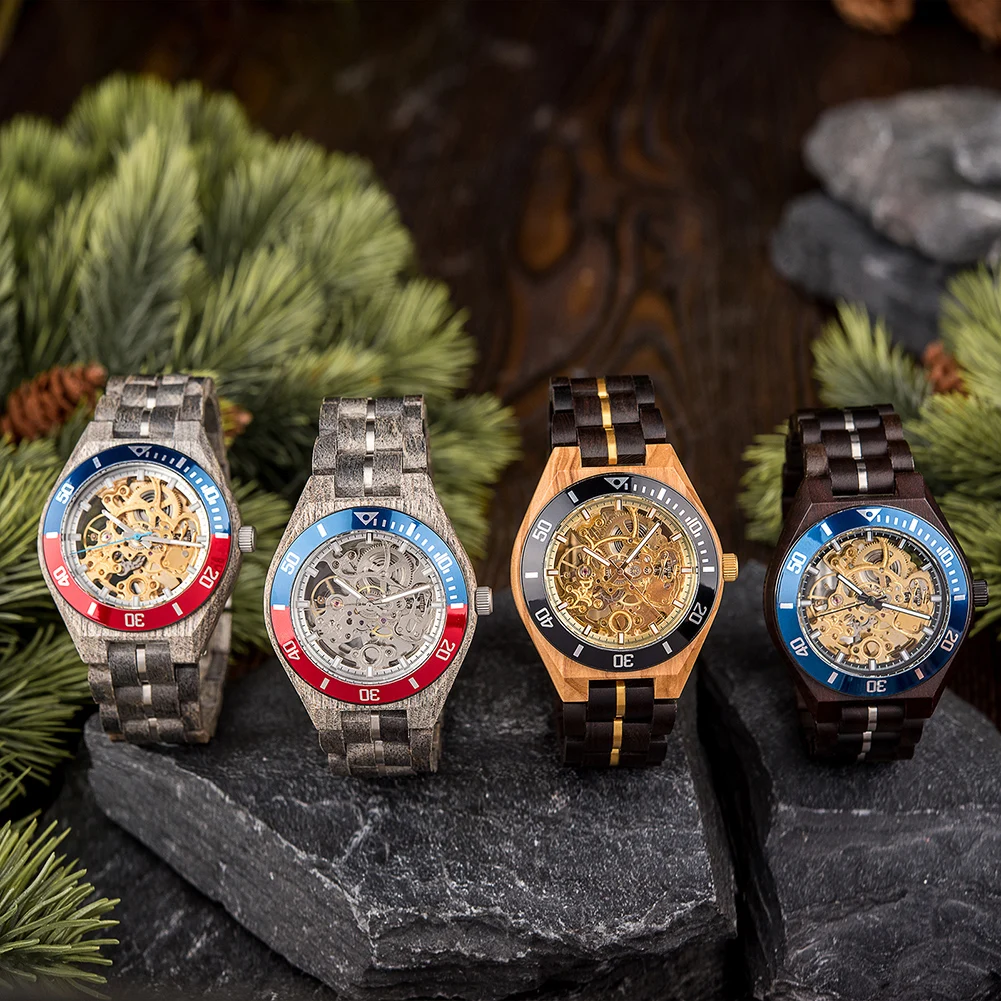 BOBO BIRD Wooden Automatic Mechanical Watch Men New Top Luxury Wristwatch Fashion Luminous Clock Great Gift Wood Box Custom Logo