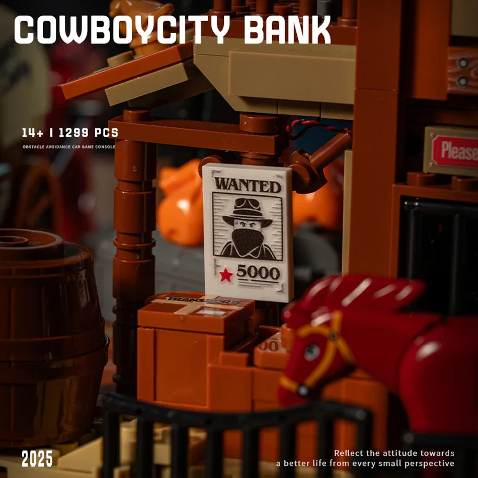 Bloques de construcción de banco de ciudad de vaquero occidental americano, ladrillos con vista a la calle, juguetes ligeros para adultos y niños, montaje de regalos