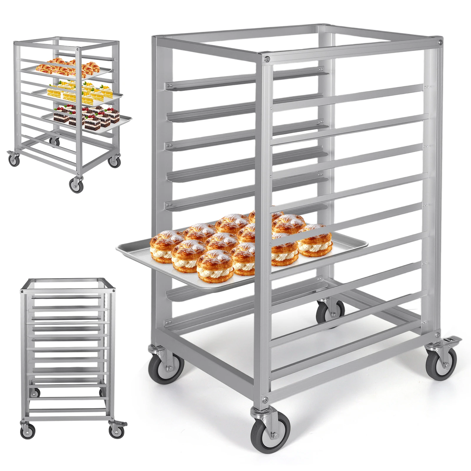 Heavy Duty Plate Casters 9 Pan 3 Inch Spacing with Brake Wheels Commercial Aluminium Bun Rack for Commercial Baking and Bakers