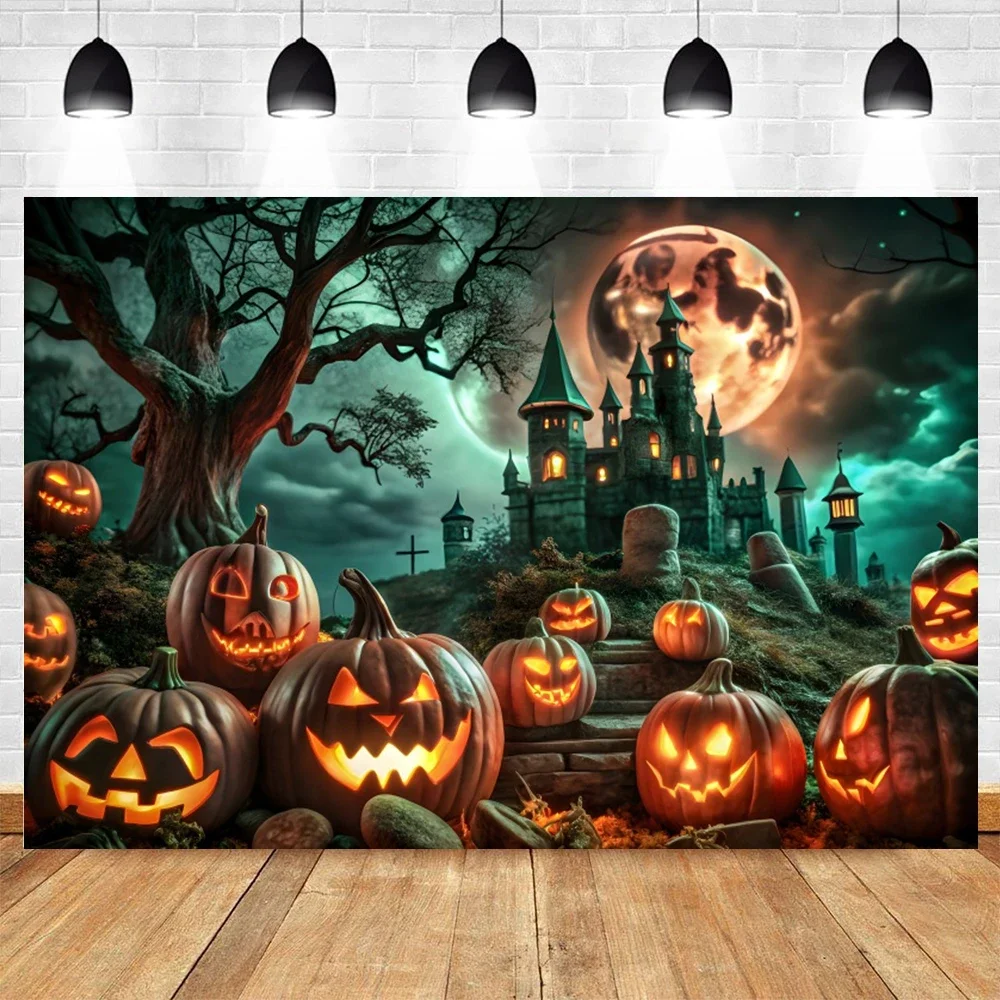 

Halloween Forest Backdrop Full Moon Castle Ghosts Graveyard Spooky Photography Background Horror Party Decor for Photo Booth