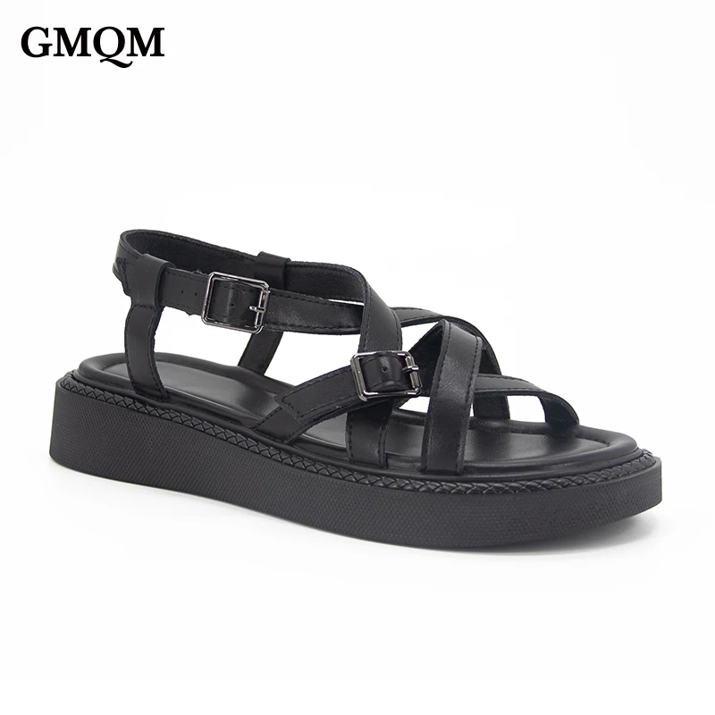 GMQM Fashion Women\'s Summer Sandals New 2023 Genuine Leather Slippers Shoes High-Quality Flats Classic Outdoor Walking Shoes