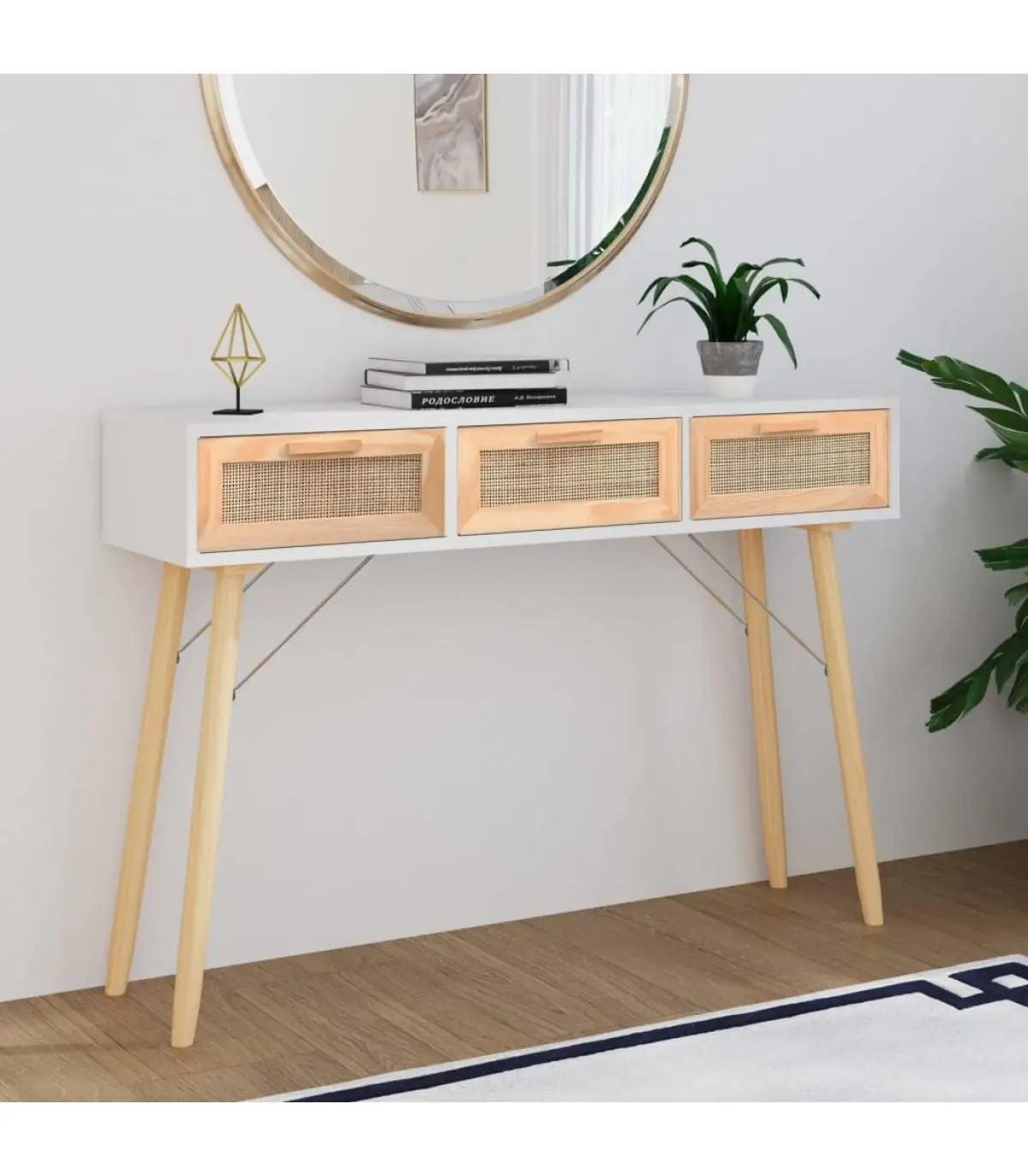 Auxiliary tables console table solid pine wood natural rattan 105x30x75 cm