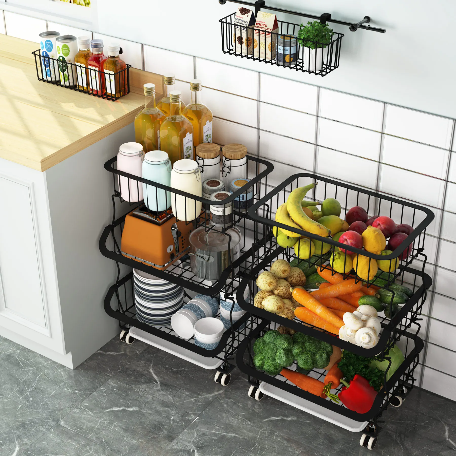سلة فواكه، عربة سلة سلكية معدنية قابلة للتكديس من 3 طبقات مع عجلات دوارة، رف أدوات للمطبخ، مخزن، مع سلتين مجانيتين #5