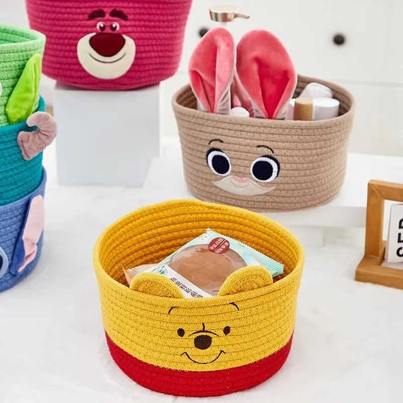 Hot Disney Cartoon Cute Pooh Stitch Lotso Series Desktop Storage Basket Kawaii Creative Home Sundries Weaving Storage Basket