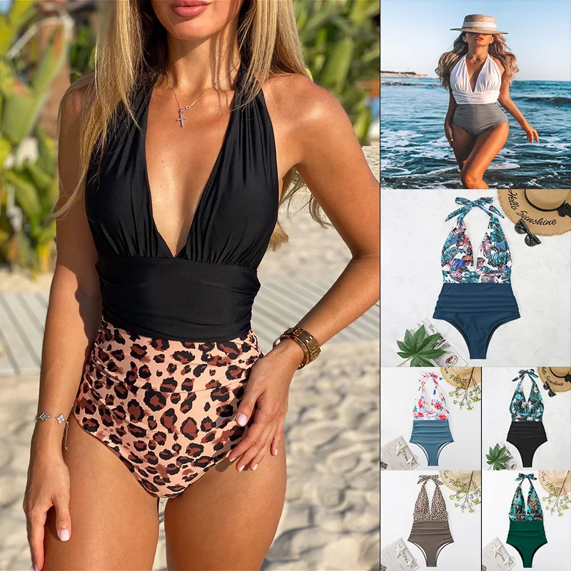 Sexy Women Bikini Simple Halter Splicing Solid Sleeveless Halter one-piece Deep V-neck swimsuit Classic Elegant Lace-up swimwear