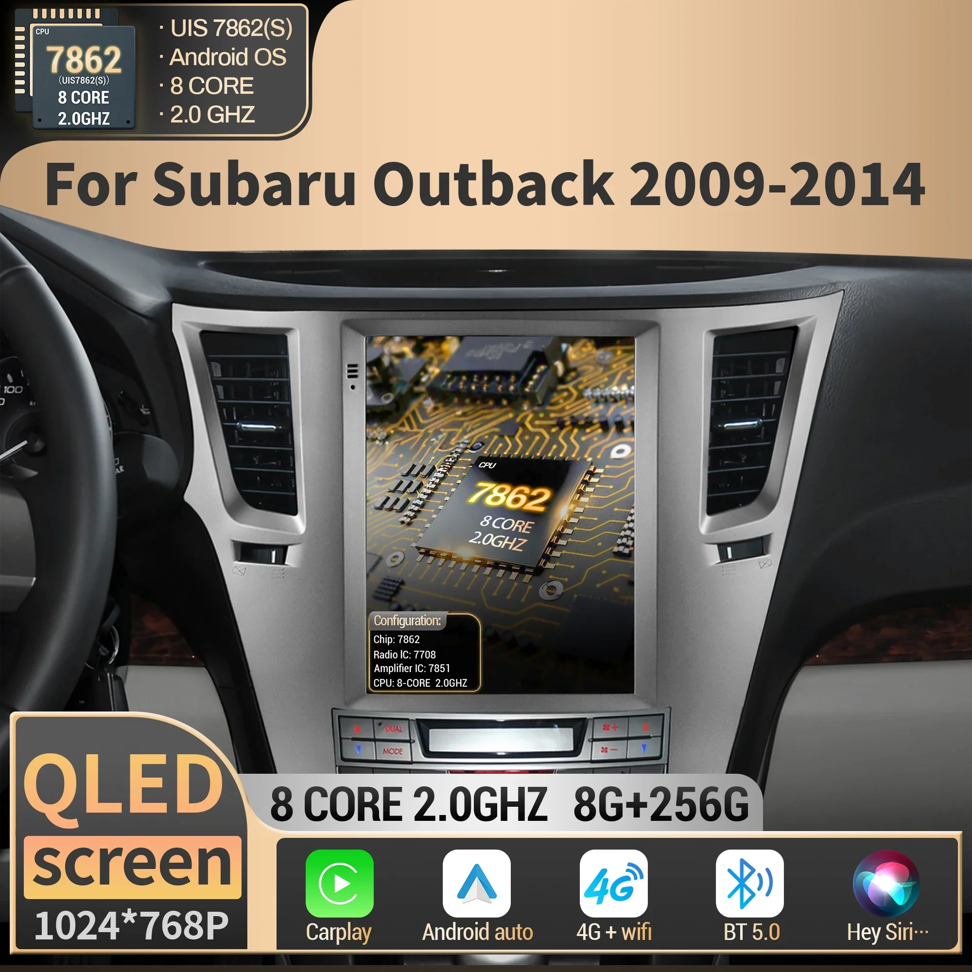 Unidad principal de navegación GPS Multimedia para Radio de coche con pantalla táctil QLED de 9,7 pulgadas para Subaru Outback 2009-2014 con Carplay