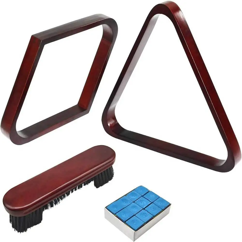 Solid Pinewood Triangle Rack for Pool Table Ball Organization with Diamond Rack 12 Chalk Pieces and 9 Inch Billiard Brush