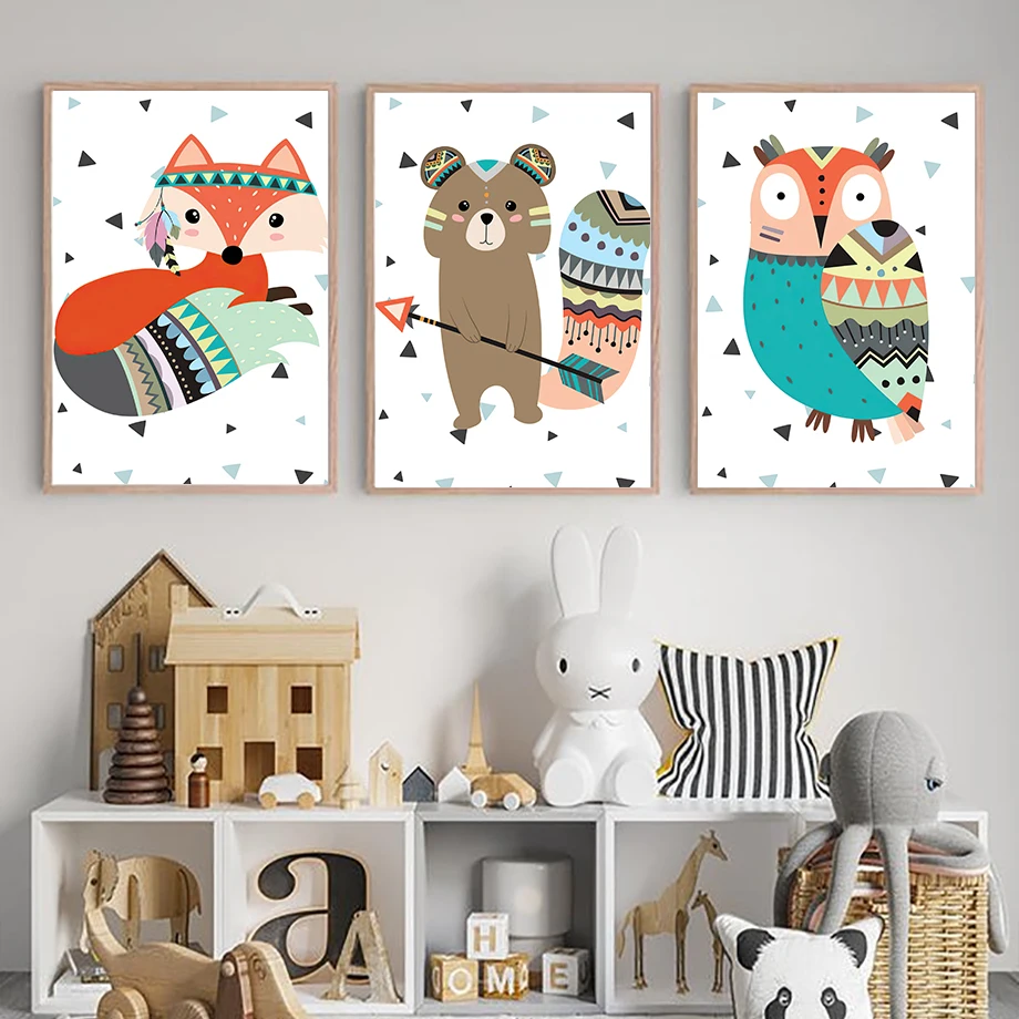 Tribal Style Animals Fox Raccoon Owl Flamingo Tiger Poster Wall Art Print Canvas Painting Pictures Baby Kids Room Home Decor