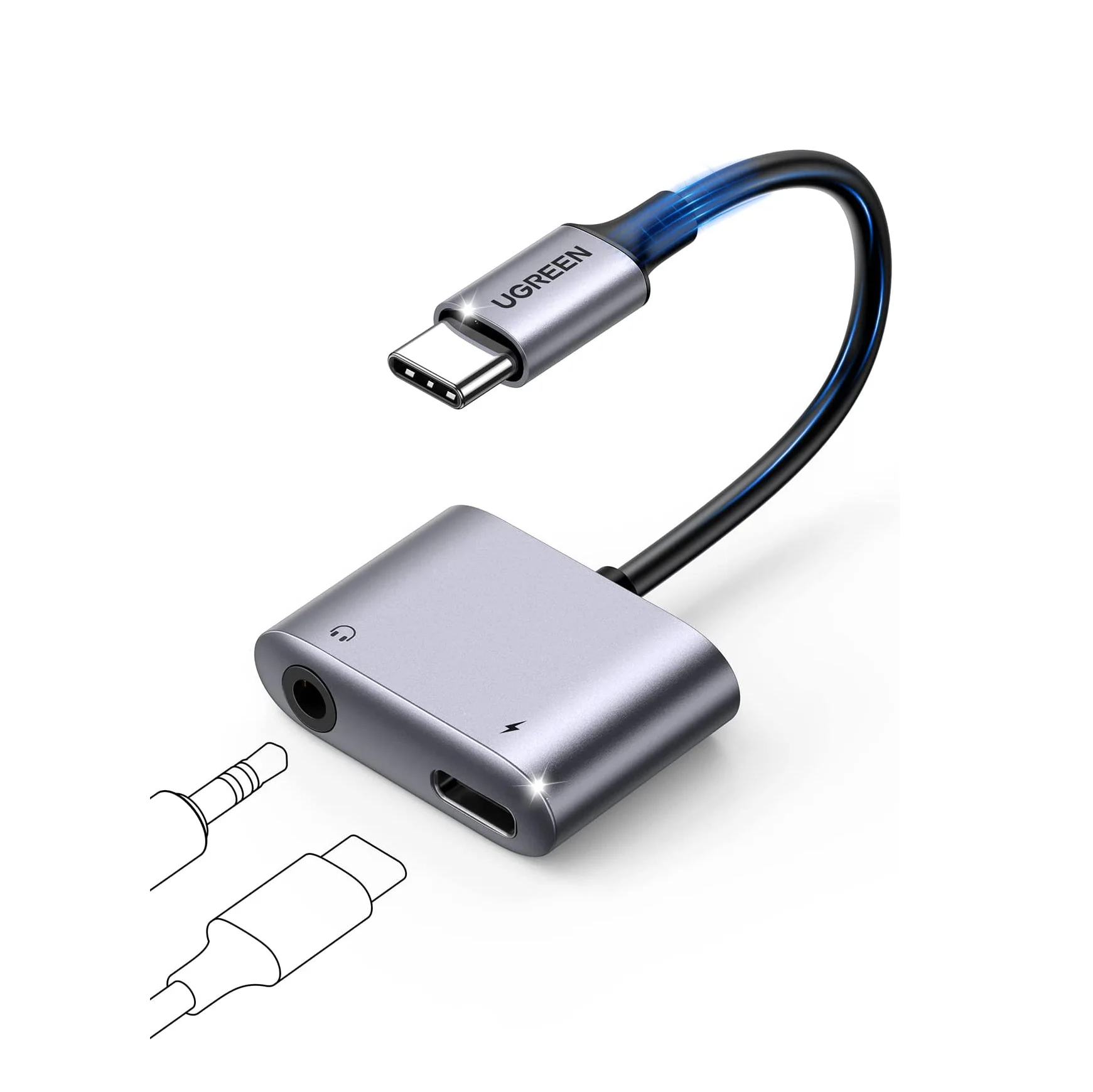 UGREEN 2 in 1 USB C to 3.5mm ヘッドフォン＆充電アダプター タイプC to Auxオーディオジャック PD 60W急速充電ドングル付き