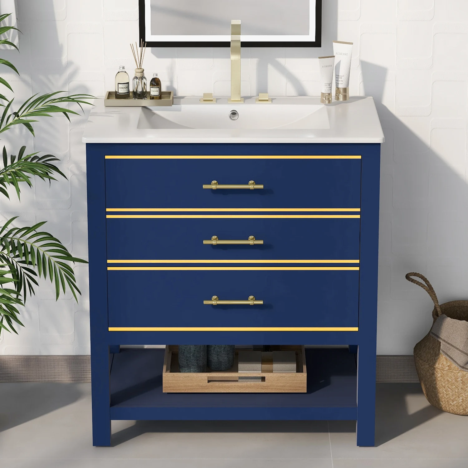 [Viedo]Modern 30inch Navy Blue/White Bathroom Vanity Cabinet Combo with Open Storge, Two Drawers