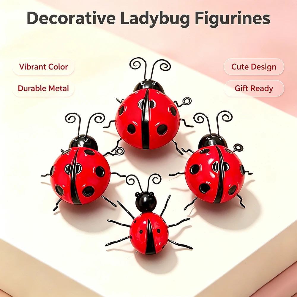 Iron Ladybug Decorative Figurine, Cute Cartoon Insect Statue, Home Decor Desktop Ornament, Wall Hanging Craft for Garden