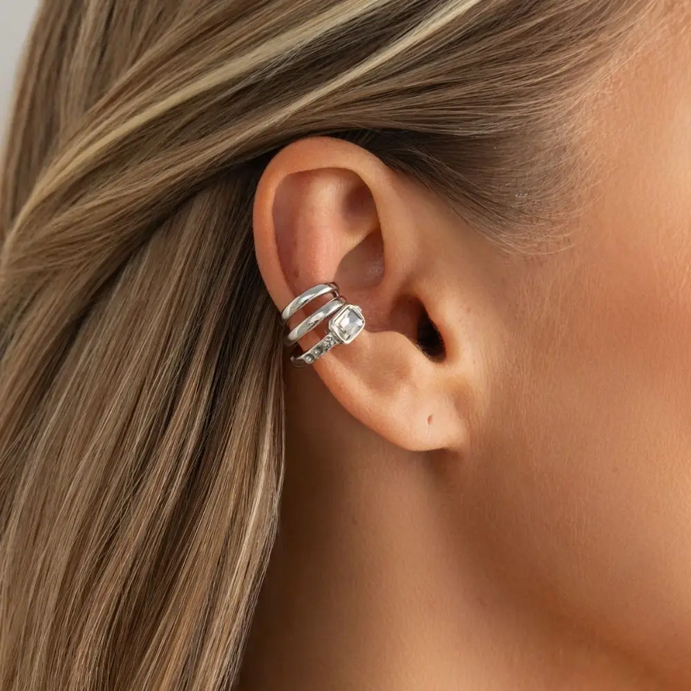 Punk Multi-Layer C-shaped Ear Clip Silver Golded Square Zircon Stud Earrings Metal Thick Ear Buckle Women