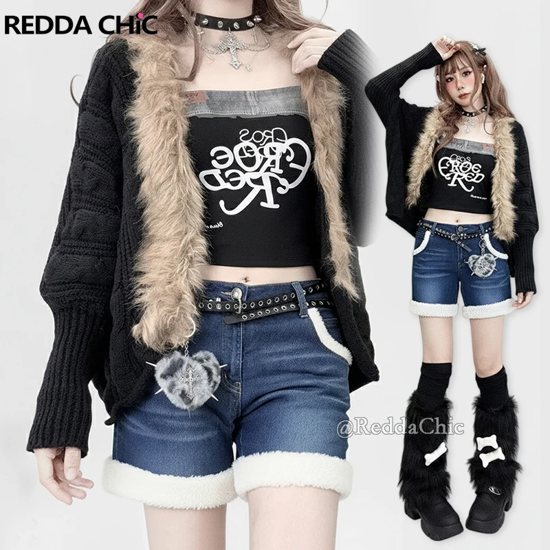 REDDACHiC Shawl Collar Cardigan Sweater Denim Shorts Set Fuzzy Open Front Batwing Sleeve Knit Jacket Grunge Women Fall Clothes