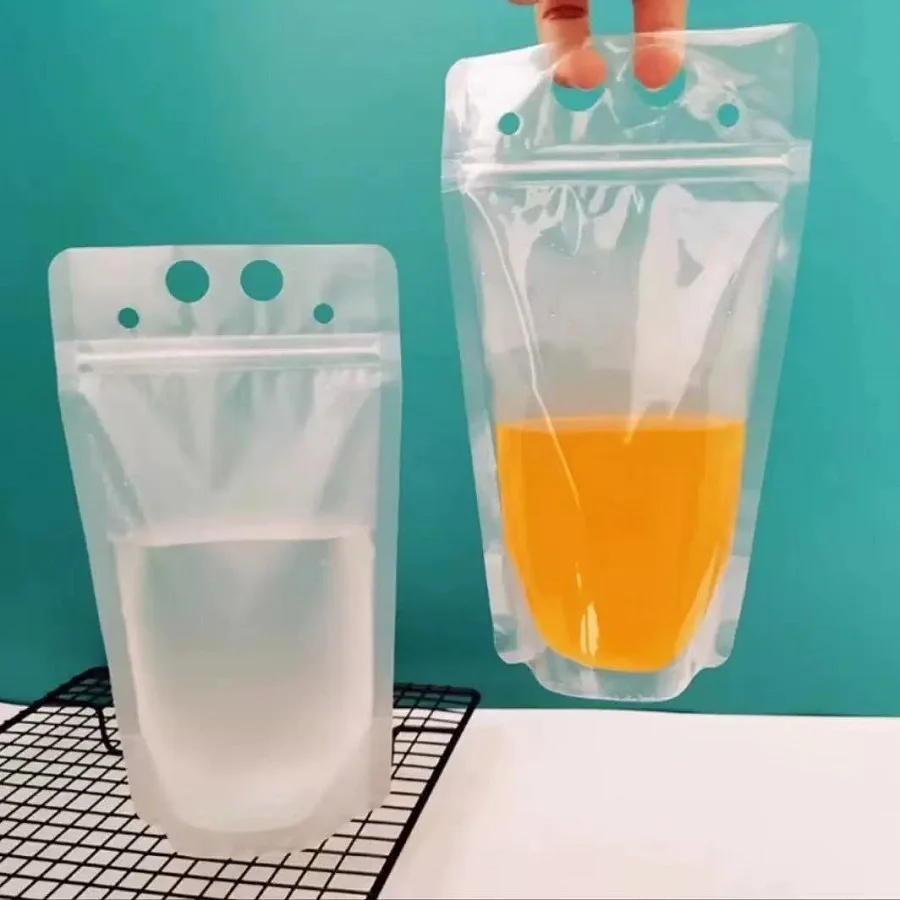 10 Uds. Bolsa de bebidas de plástico portátil de 500ML bolsa de bebidas de mano reutilizable contenedor de jugo a prueba de fugas de paja usado