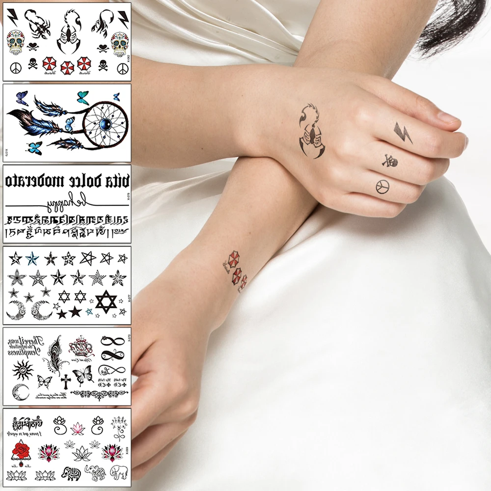 

Waterproof Temporary Fake Tattoo Sticker,Water Transfer Decals,Scorpion Word Flower Skull Star,Body Art for Man Women finger