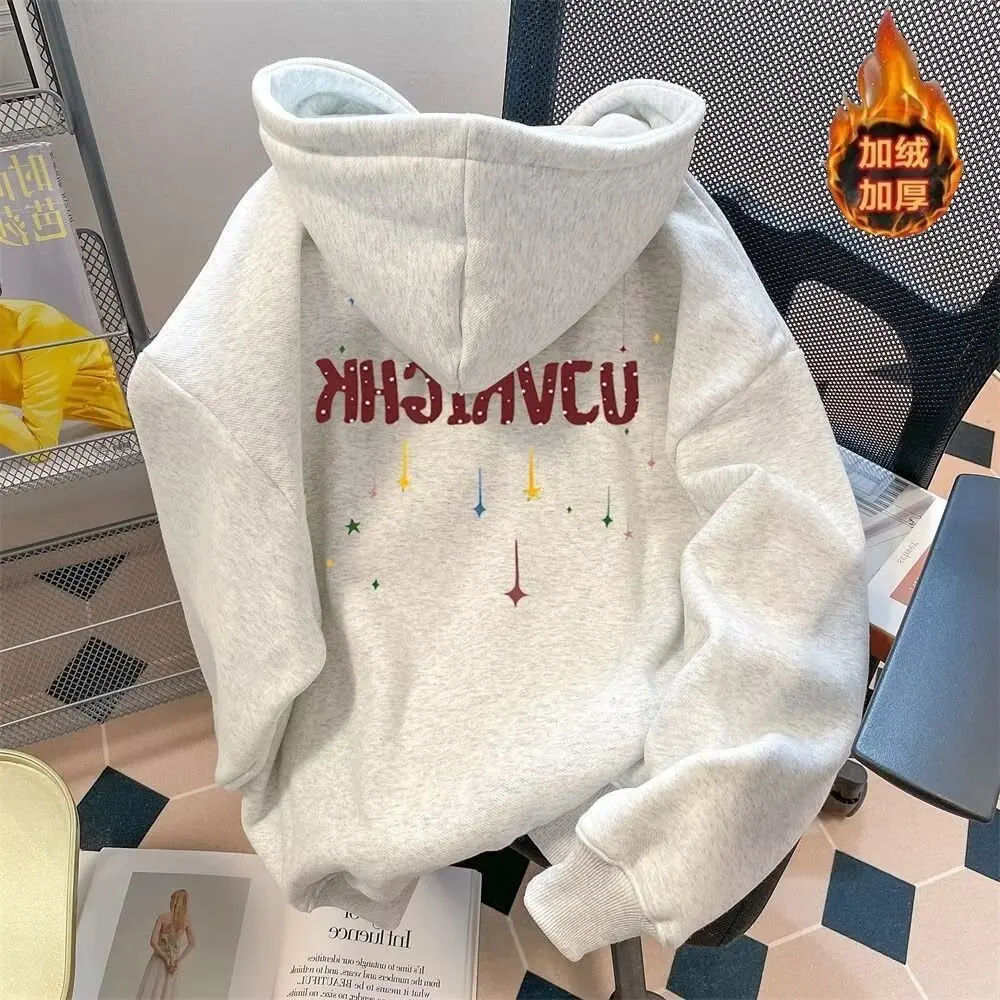 

Autumn and Winter Clothes Fleece Thickened Sweater Men's 2024 New Gray Hooded American Loose Letter Printing Versatile Jacket