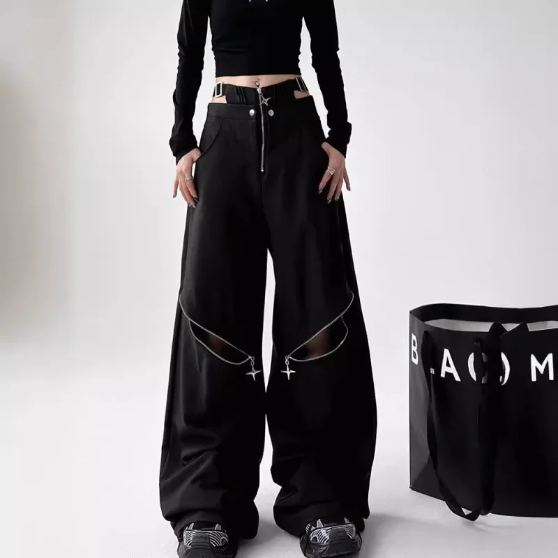 American Retro Hot Girl Black Work Pants Women Y2K Zipper Design Loose Long Casual Trousers Female Model Recommendation