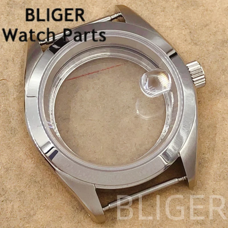 BLIGER 38mm Silver Polished Watch Case Big Crown/Small Crown Sapphire Glass Fit NH35 NH36 ETA2824 PT5000 Mingzhu Miyota Movement