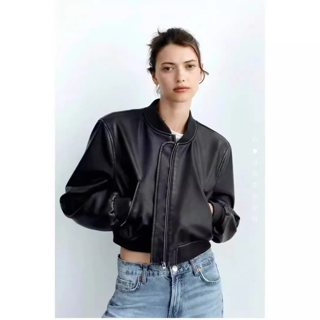 Chaqueta de cuero PU lavado para mujer, Chaqueta corta Vintage con cremallera, novedad de 2024