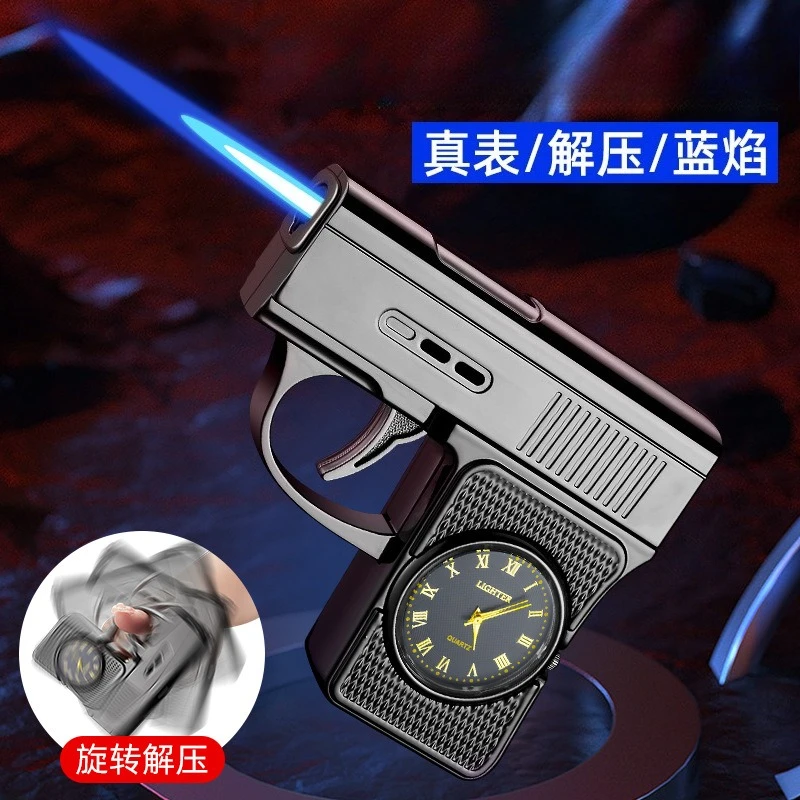 Heißer Verkauf Kreative Gun Typ Echte Uhr Winddicht Jet Blau Flamme Gas Fackel Leichter Outdoor Spaß Tragbare Zigarre Leichter Rauchen