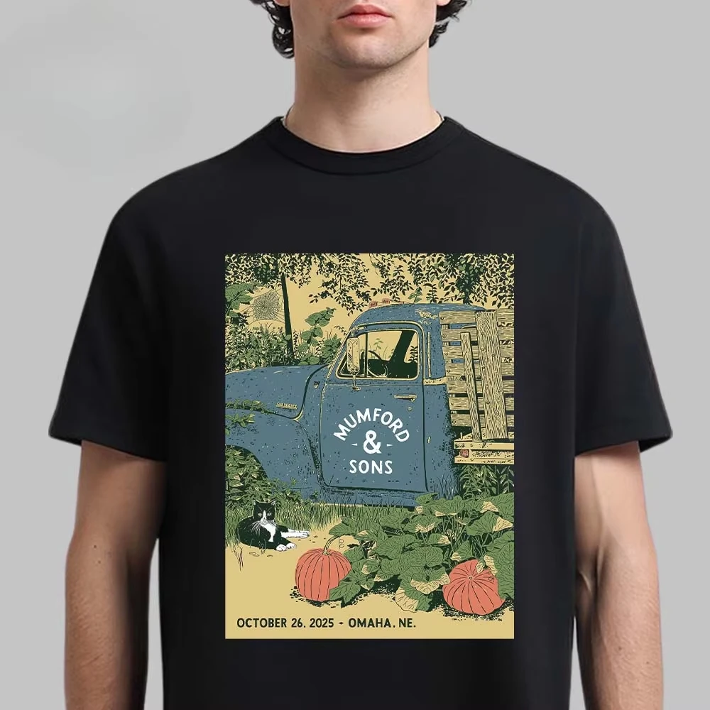 Mumford & Sons Retro Farm Truck and Cat Print Tee Folk Band Streetwear Casual Unisex Top