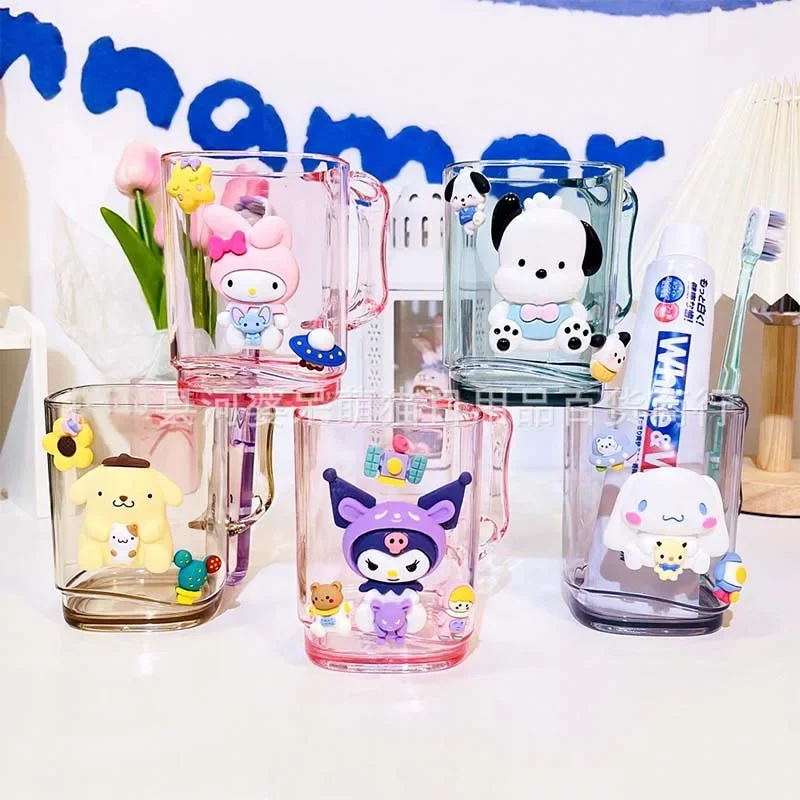 Miniso Sanrio Hello Kitty My Melody Kuromi Diy Cartoon Handle Couples Mouthwash Cup Home Plastic Cup Holiday Gift