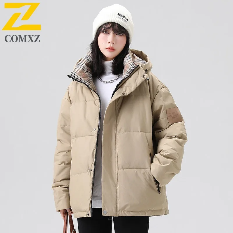 COMXZ Unisex Casual Down Jacket New Classic Hooded Outdoor Travel Windproof Parka Streetwear Cold Resistant Autumn Winter Coat