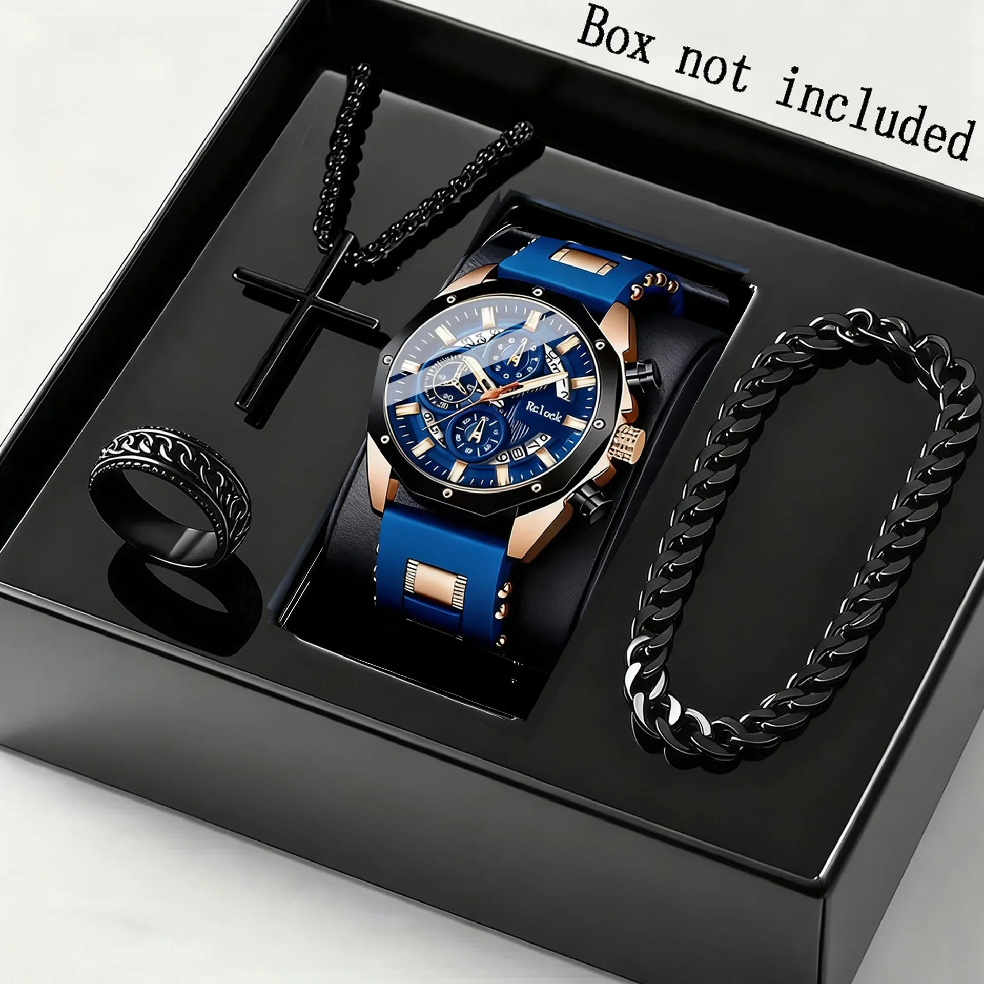 Casual Jewelry Set for Men, Black Chronograph Watch + Cross Necklace + Cuban Bracelet + Ring, Black Tone