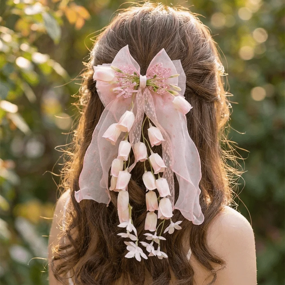 Cute Sweet Tulle Bow Hair Clips Sequin Floral Designs Bell Orchid Ribbon Barrettes Soft Mesh Lolita Dress Hair Accessories Prom
