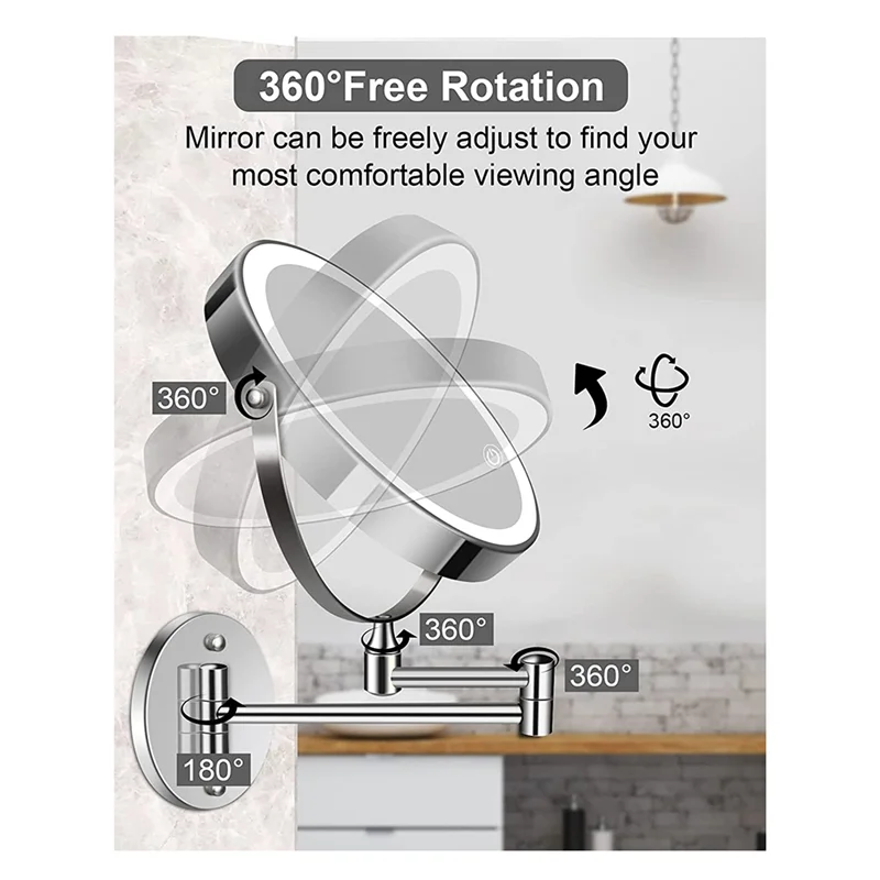 GOOD-8In espejo lateral doble para tocador/baño montado en la pared recargable 1X/10X ampliar LED y pantalla táctil de temperatura de 3 colores 360 °   Rotación