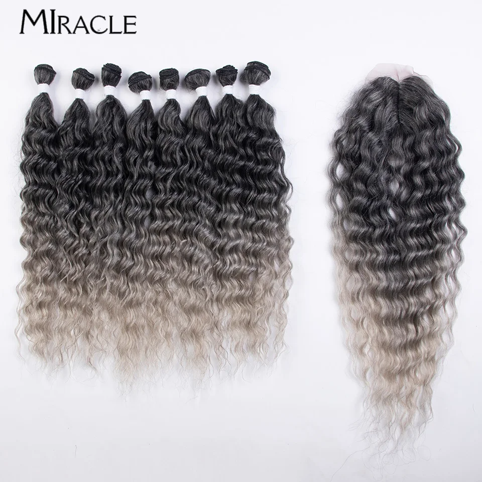 

MIRACLE 9PCS Kinky Curly Hair Extensions 20'' Synthetic Hair Bundles Water Wave Weaving Hair With Closure Ombre Blonde Color