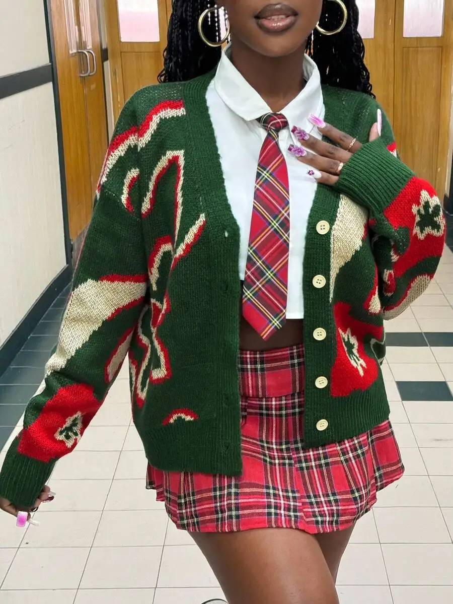 

Зеленый кардиган с рождественским принтом для женщин, вязаный свитер с длинными рукавами и пуговицами спереди и праздничным узором