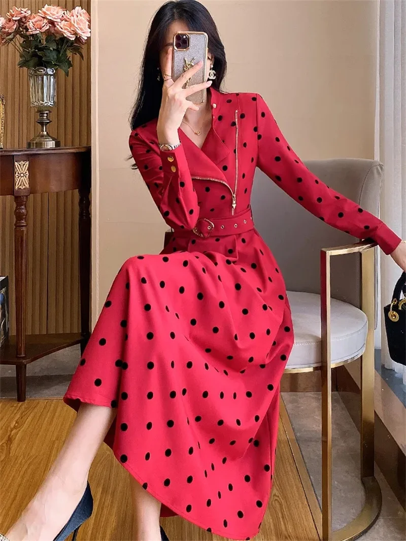 Polka Dot Red Dress For Autumn Women 2024 New Style, Unique Temperament, High-end Feeling, This Year\'s Popular Beautiful Dress