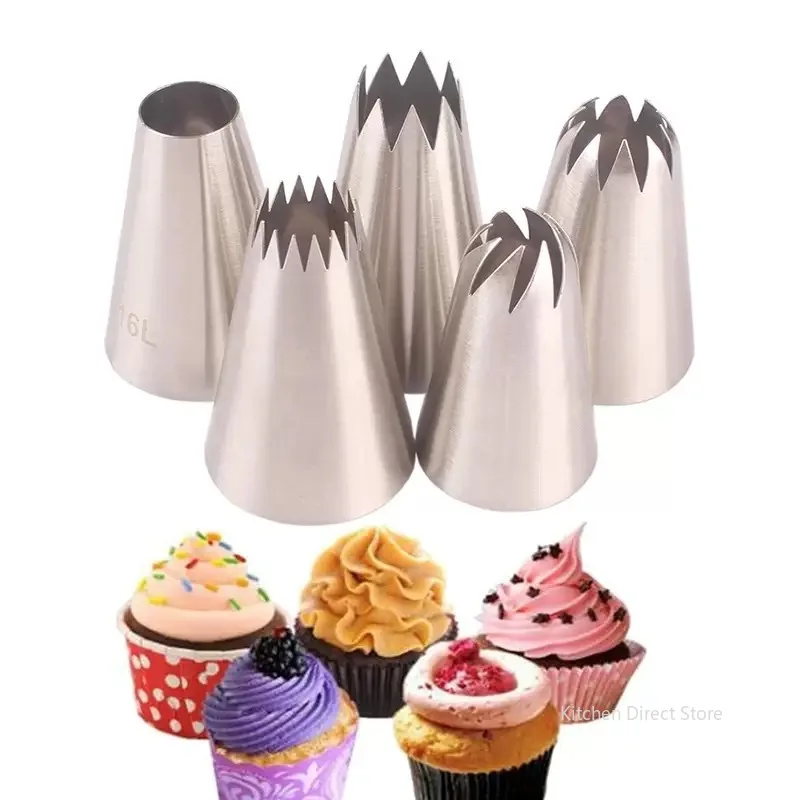 1/5pcs Extra Large Piping Nozzles Set, Stainless Steel Icing Nozzles, Cream Cake Piping Tips For Dessert Biscuit Cup Cake Tools