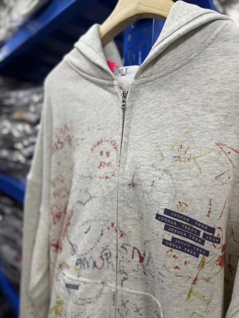 Double Zipper Cartoon Text Graffiti Graphic Paly Hoodie Men Women Dropped Shoulder Sweatshirts Loose Streetwear Cotton Pullovers