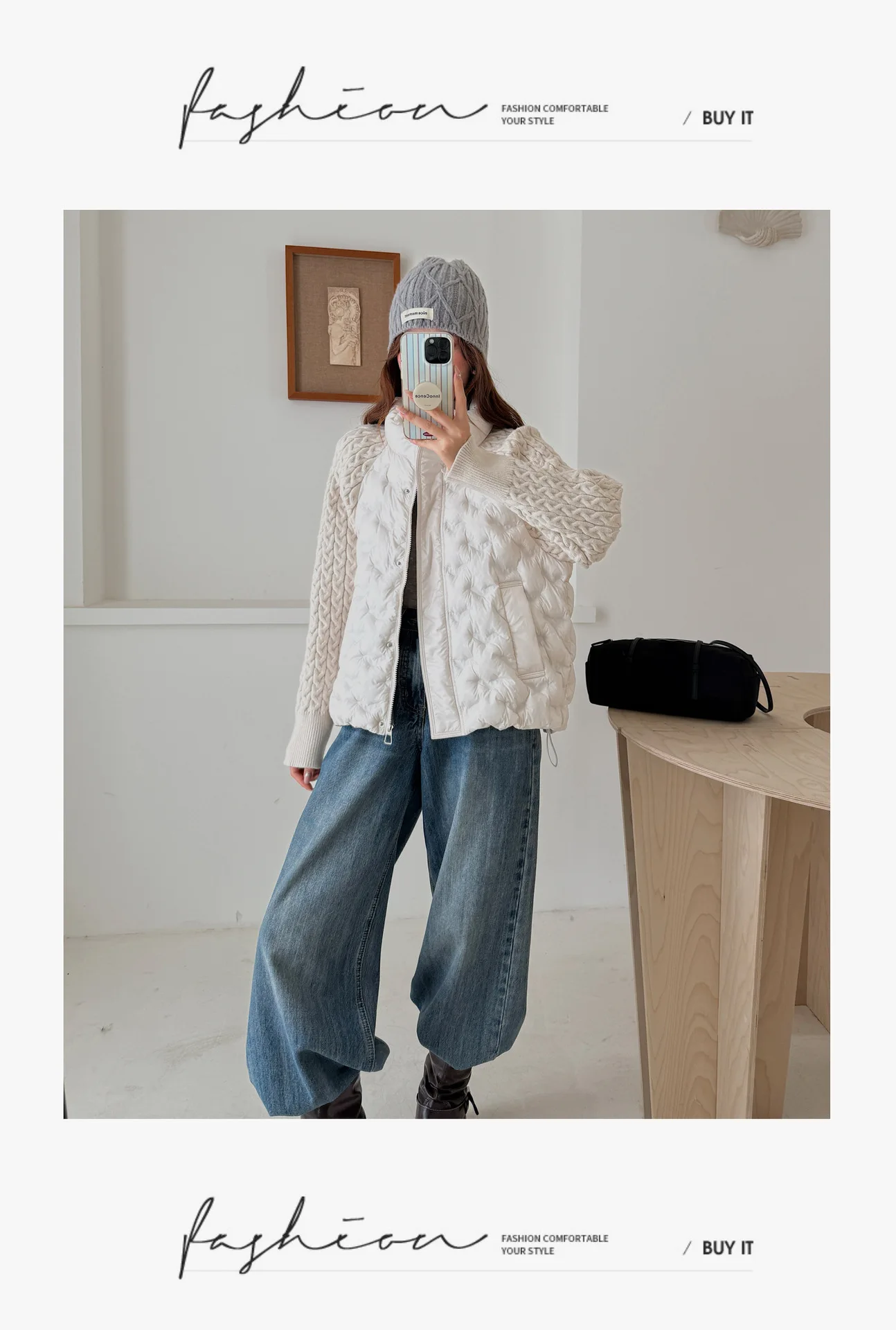 Korean Cable Knit Sleeve Spliced Padded Jacket 2026 Winter Stand Collar Warm Puffer Jacket Women All Match Casual Quilted Parkas