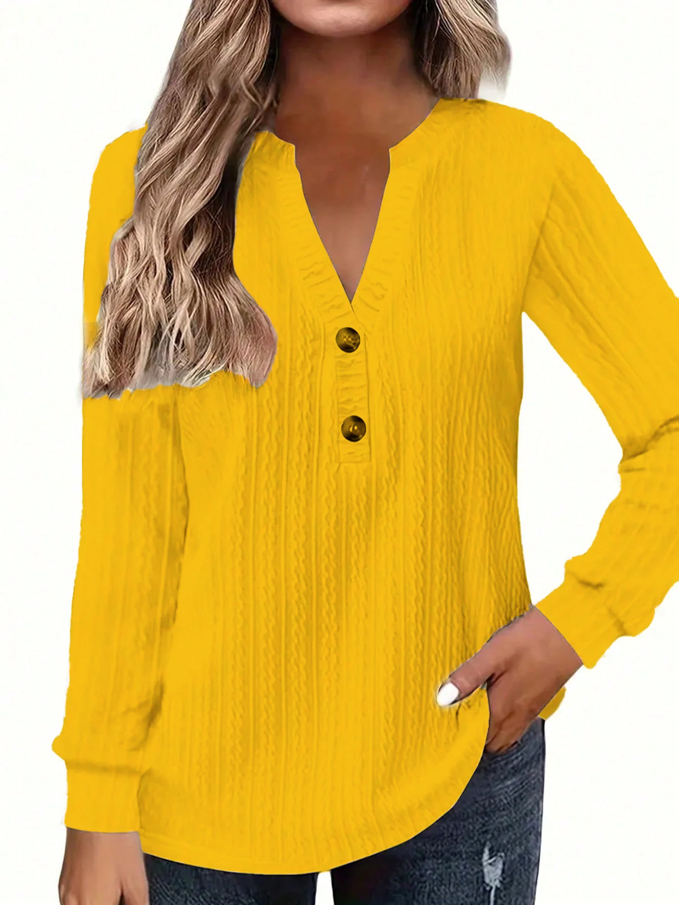 

Plus size casual top women's wide solid color chunky knit long sleeve button detail V-neck slightly elastic elegant top shirt