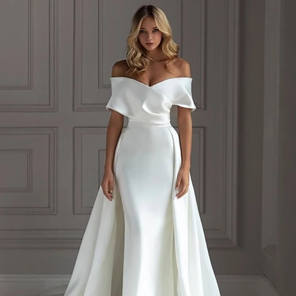Vrouwen elegante off-shoulder witte trouwjurk slanke korte mouw mode bodycon formele kleding vrouwelijke lange zoom prom maxi-jurken