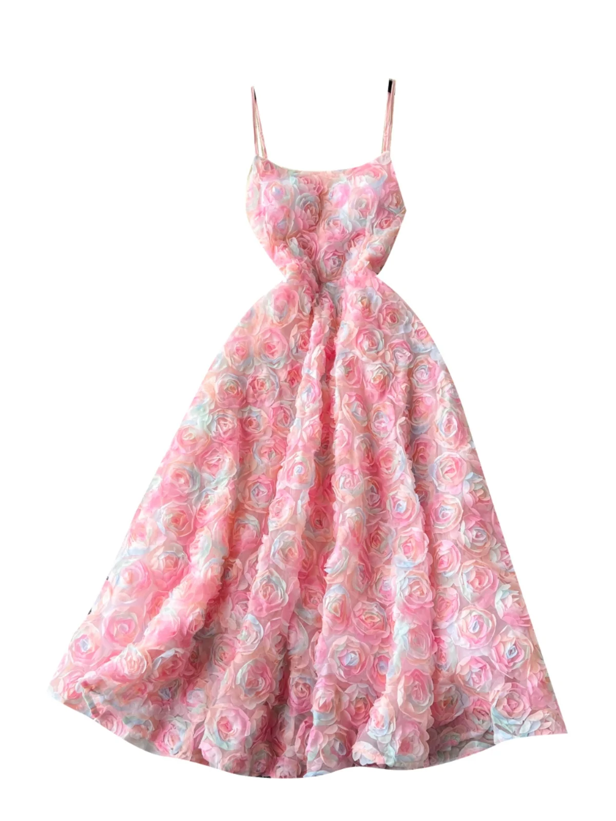 

Ele Evening Gown Women's Par Dr with Heavy Work 3D Rose Flowers Waist Cinching Strapl A-Line Midi Skirt