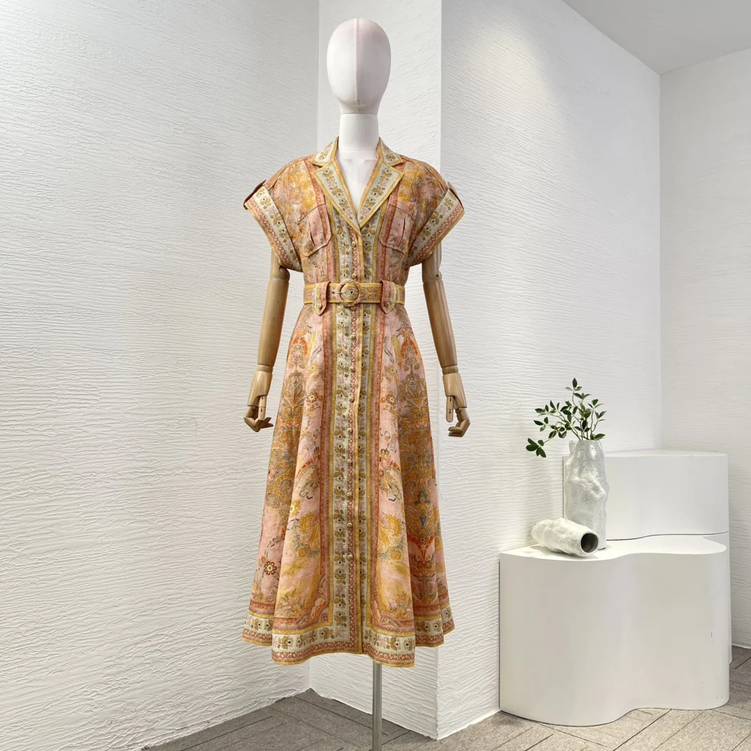 Linho puro de alta qualidade férias novo floral impressão manga curta com cinto feminino vintage midi vestido