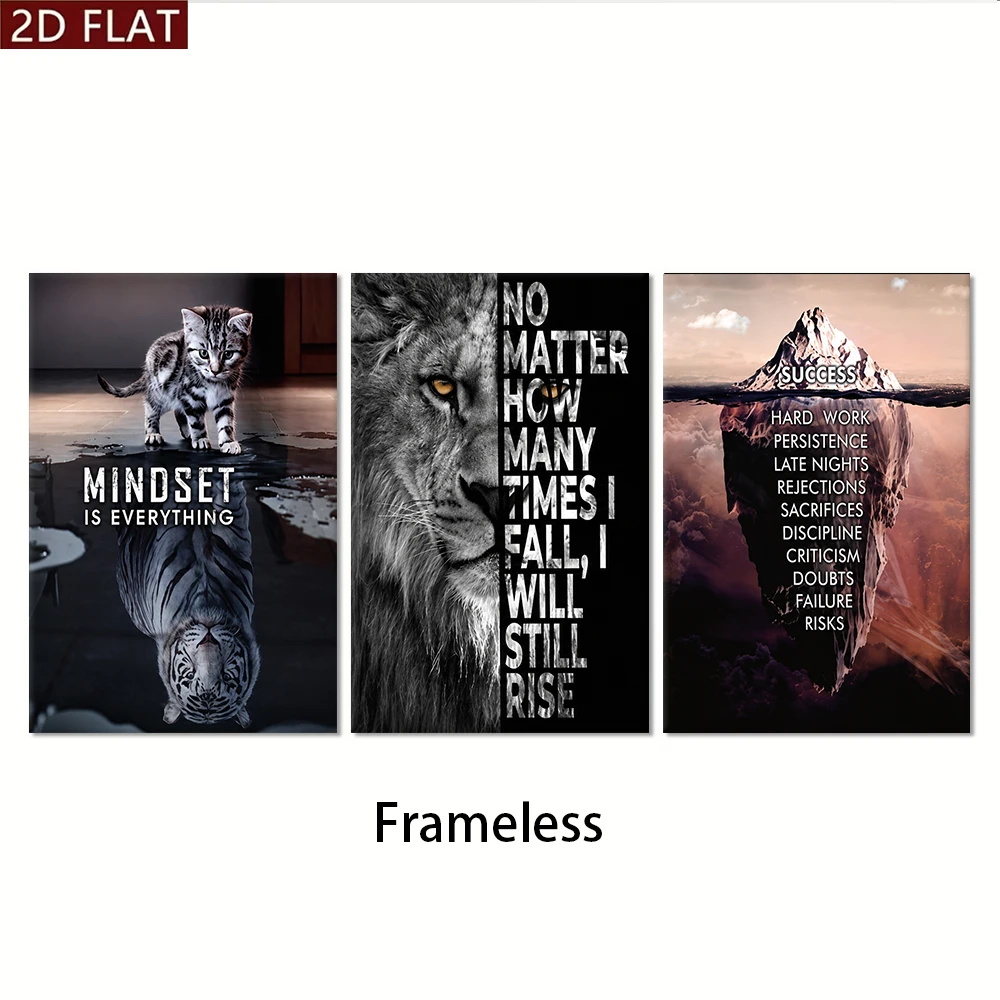 3PCS Large-sized frameless canvas paintings,1 set of inspirational triptych cat and tiger reflection lion transmission never giv