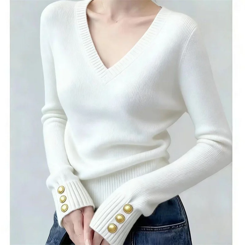 Retro Lady High End V Neck Casual Sweater Spring Autumn Women Fashion Long Sleeved Pullover Knitting Female Solid Color Knitted
