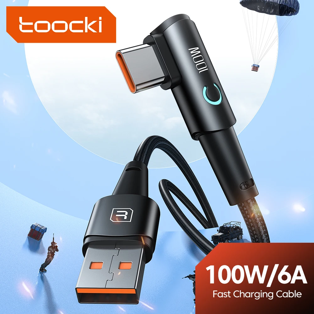 Toocki 100W USB Cable to Elbow Fast Charging Type C Cable for Redmi K30 LED Light 6A USB C Data Cord for Samsung S22 S21 Laptop