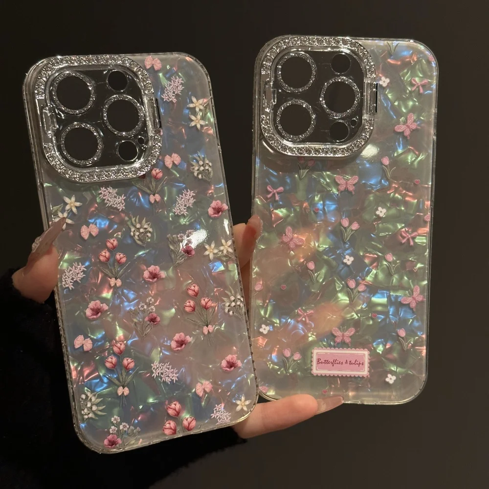 Korea Flower Butterfly Shell Pattern Camera Bracket Case For iPhone 16 15 14 13 12 Pro Max Floral Diamonds Lens Protective Cover