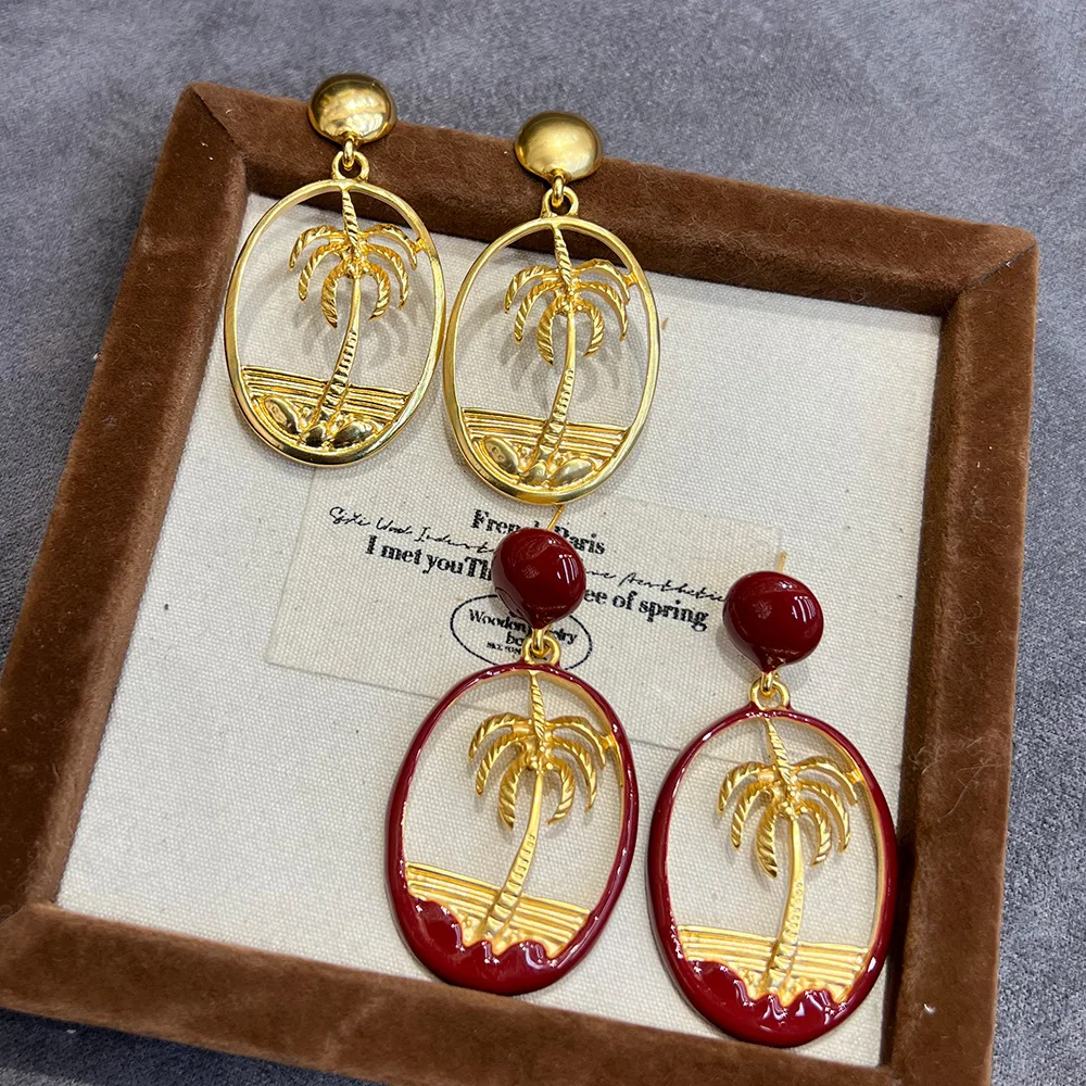 Vintage Court Enamel Oil Drip Red Island Coconut Tree Earrings And Stud Earrings Exquisite Daily Wear Jewelry