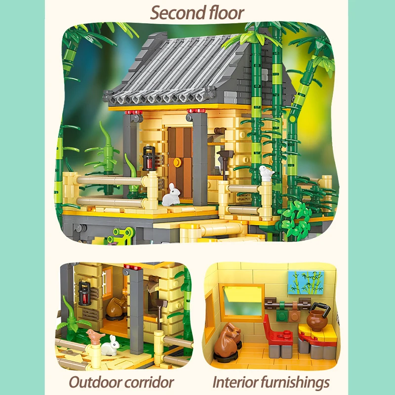 Panda Bamboo Hut ชุดบล็อกอาคาร MOC 59093 Forest House ฉากสถาปัตยกรรมจีนอิฐ DIY ไอเดียของขวัญของเล่นเด็ก Aldult