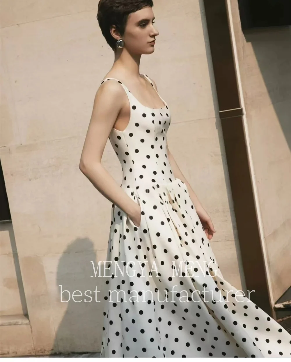 ZHUISHU 2025 Vintage Black White Polka Dot Strapless Square Neck Satin A-line Maxi Dress Fitted Waist Evening Gown Party Dress