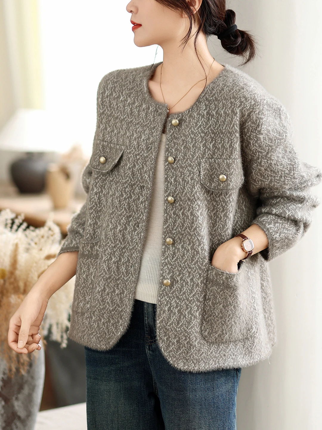 Korean Style Loose Women's Knitted Sweater Coat Soft Faux Mink Spring Autumn New Fashion Casual Long Sleeve round Neck Button